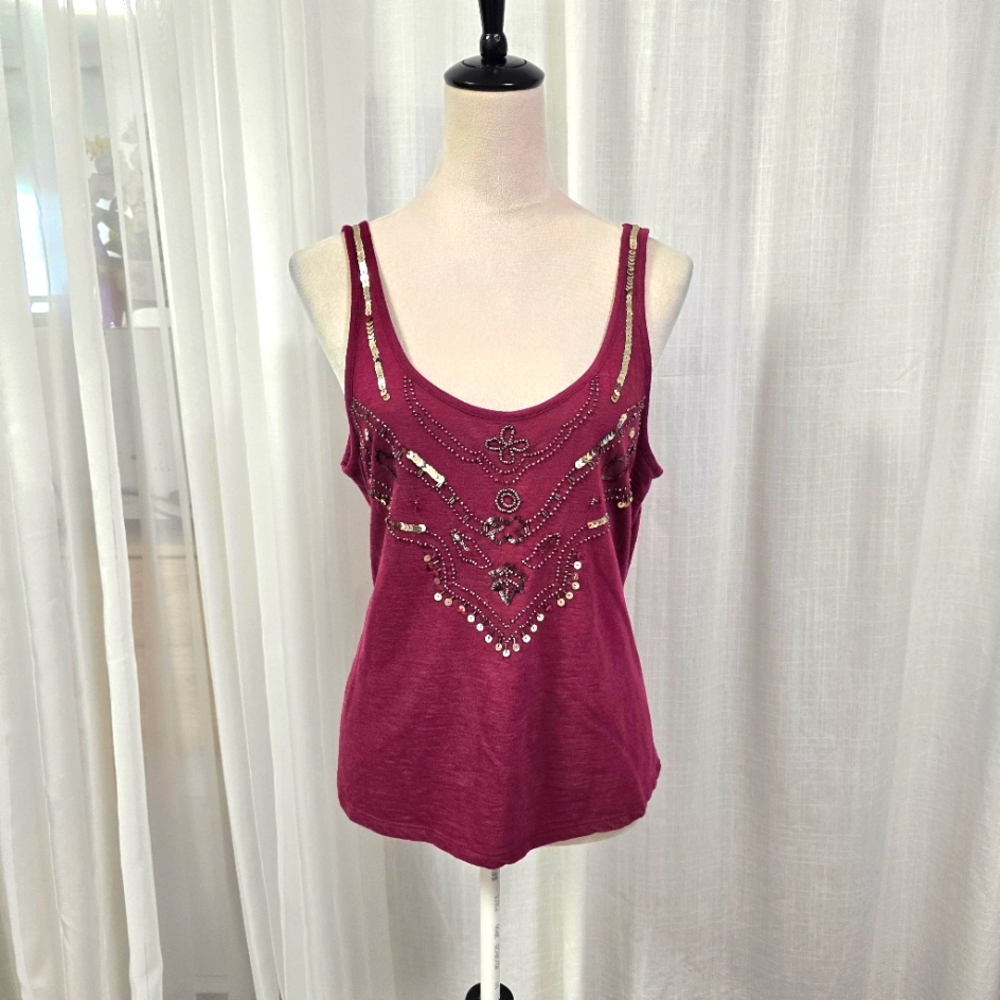 2/$30 Express‎ Burgundy Beaded Tank Top Womens Size L Sequins Beads Embellished